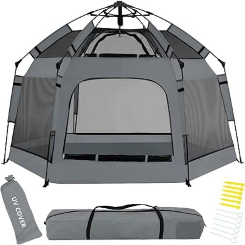 Baby Pop Up Playpen with Canopy, Pop Up Baby Pop Up Tent with Safety Lock, Portable Toddler Play Yard with Travel Bag, 6 Ground Stakes, 6 Sand Stakes, 1 UV Cover for Indoor Outdoor Beach