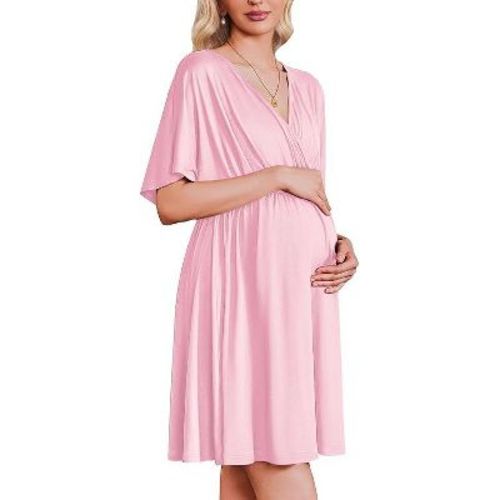 Ekouaer 3 in 1 Labor and Delivery Gown for Hospital Short Sleeve Maternity Nursing Dress Nightgown Postpartum Sleepwear Pink XL