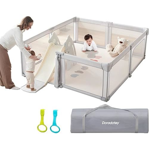 Foldable Playpen for Babies and Toddlers, 71x71 Inches Heavy-Duty Playpen with Door, Kids Collapsible Play Pen with Thickened Padding Indoor & Outdoor Baby Fence Play Area with Visible Mesh, Gray