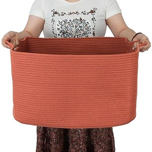 Large Rectangle Blankets Basket Living Room 22"x17"x12" Woven Cotton Rope Storage Basket for Nursery Toy Basket for Kids and Dogs Wicker Laundry Basket Bin for Clothes Towels rustic