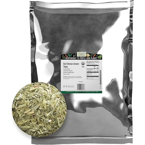 Frontier Co-op Organic Oatstraw Green Tops, Kosher, 1lb Bulk Bag - Cut & Sifted Oat Straw Herb, Perfect for Oatstraw Tea, Bath, and Wellness Use