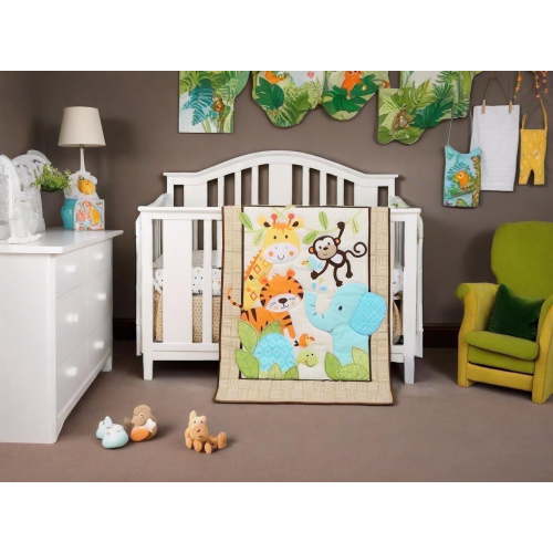 Green and Brown Safari Adventures 2-Piece Crib Bedding Set (Quilt and Crib Sheet, come with a dust ruffle as gift)