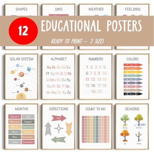 Educational Poster Set | 12 Homeschool Prints | Montessori & Playroom Wall Art | Neutral Kids Nursery Decor