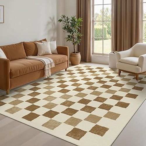 Bavni 5x7 Area Rugs,Checkered Machine Washable Rug for Living Room,Modern Abstract Indoor Soft Area Rug for Bedroom Dining Room,Thin Low Pile Carpet with Non Slip Rubber Backing,Beige Checkerboard