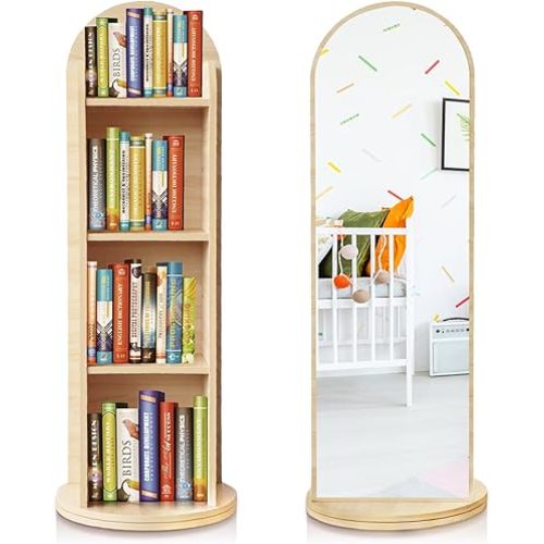 DELEMODUO Kids Rotating Bookshelf with Mirror, 48inch Wood Stading Floor Bookshelf for Small Space, 4 Tier Floor Standing Bookcase Storage Rack for Bedroom, Living Room, Study Room