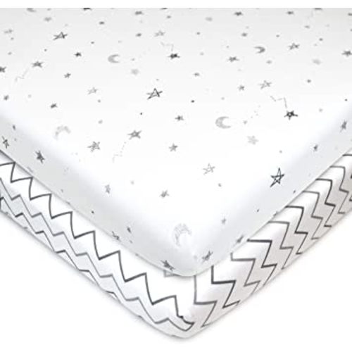 TL Care 2 Pack Fitted Pack N Play Playard Sheet 27" x 39", Soft Breathable Neutral 100% Cotton Jersey Pack and Play Sheet, Gray Star/Gray Zigzag, for Boys and Girls, Fits Most Mini Crib
