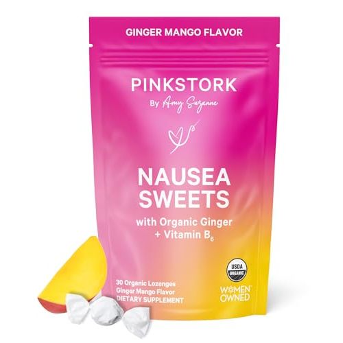 Pink Stork Organic Mango Sweets with Vitamin B6 for Morning Sickness and Motion Sickness, Added Ginger & Vitamin B6, 1st Trimester Pregnancy Must Haves - 30 Wrapped Candies
