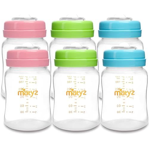 Matyz 6-Pack Breast Milk Storage Bottles (6oz, 3 Colors) - Wide Neck Breastmilk Collection and Storage Bottle - Formula Storage Bottles Compatible with Medela Avent Spectra Pumps