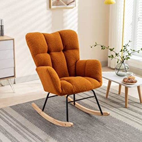 Nursery Rocking Chair Indoor, Teddy Fabric Nursing Chair for Mom and Baby, Modern Upholstered Rocker Glider Chair with High Backrest for Bedroom Office Living Room (Orange)