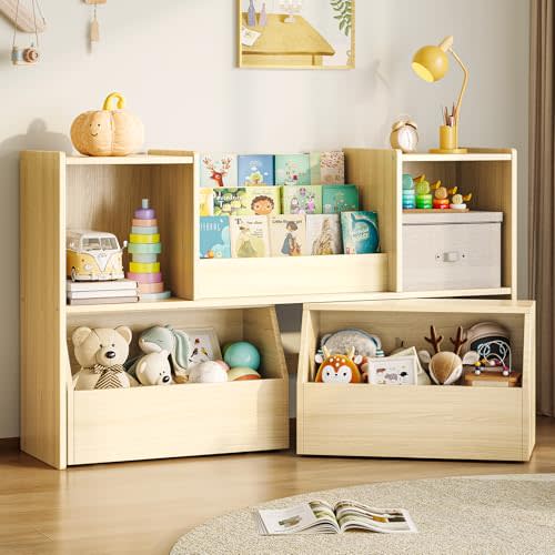 EXPERLAM Solid Wood Kids Bookshelf and Toy Storage Organizer, 3-in-1 Montessori Bookcase with Storage Cubbies and 2 Rolling Toy Bins, Toddler Bookshelf for Kids Room, Playroom, Nursery