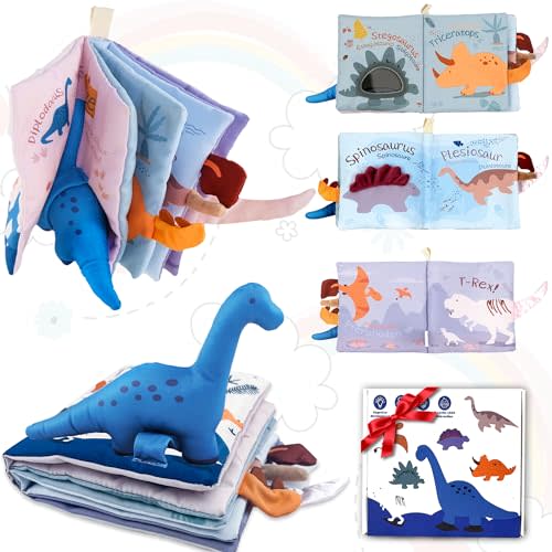 Richgv Baby Books Toys 0-6-12 Months, Baby Boy Gifts Touch and Feel Crinkle Books with Dino Doll, Newborn Infant Toys 6-9-12 Months, Carseat Toys Shower Gifts Baby Valentines Gifts Stocking Stuffers