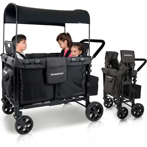 WONDERFOLD W4 Original Stroller Wagon (4 Seater) - Collapsible Wagon Stroller with Seats with 5-Point Harnesses, Easy Access Zipper Door, and Removable Sun Canopy, Black