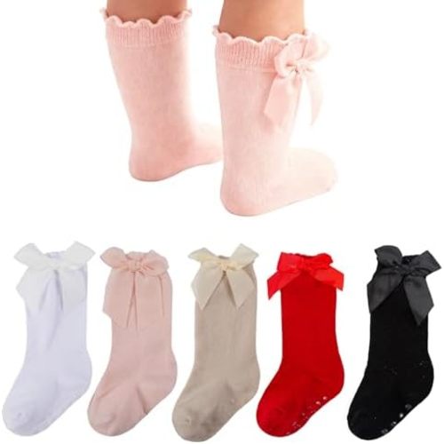 Baby Knee High Socks Girls Newborn Infants Toddlers Cotton Bow Ruffle Long Socks Non Slip Stockings Dress Socks