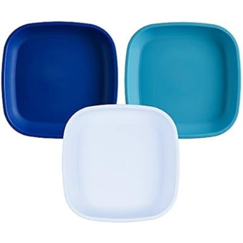 Re-Play Toddler Plates - 22 Oz. Deep-Walled Flat Kids Plates - Dishwasher & Microwave Safe - Made in USA - Set of 3-7.37" x 7.37" x 1.25" - Bluesy