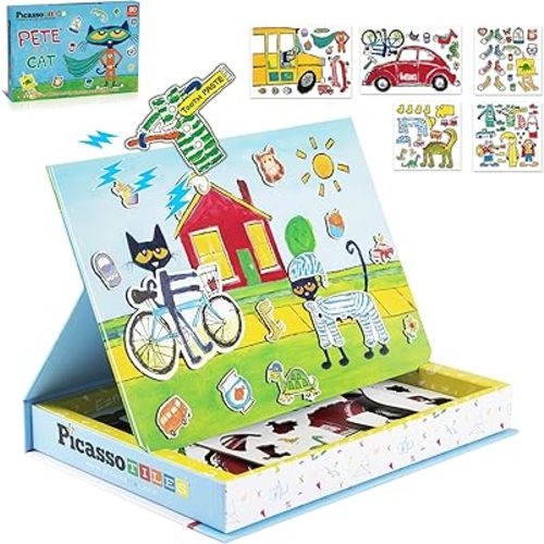 PicassoTiles Pete The Cat 80pc Magnetic Board Game Puzzle Playset Reusable Mix & Match Cartoon Toy with Storytelling, STEM Learning Activity Book and Storage Educational Kids Toys for Ages 3+ PTC02