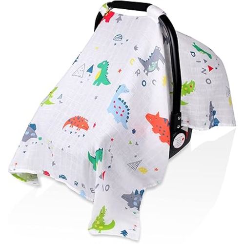 Muslin Baby Carseat Canopy for Girls Boys, Metplus Lightweight Infant Car Seat Cover, Breathable Carrier/Stroller Covers Fit Summer Spring Autumn, Large Size 47.2 x 35.4 inch, Crocodile Dinosaur
