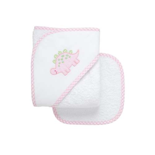 Dino Applique Hooded Towel & Washcloth Set, Pink