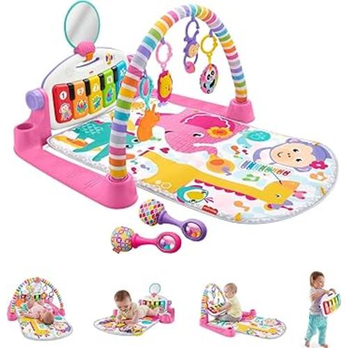 Fisher-Price Baby Gift Set Deluxe Kick & Play Piano Gym & Maracas, Playmat & Musical Toy with Smart Stages Learning Content plus 2 Rattles