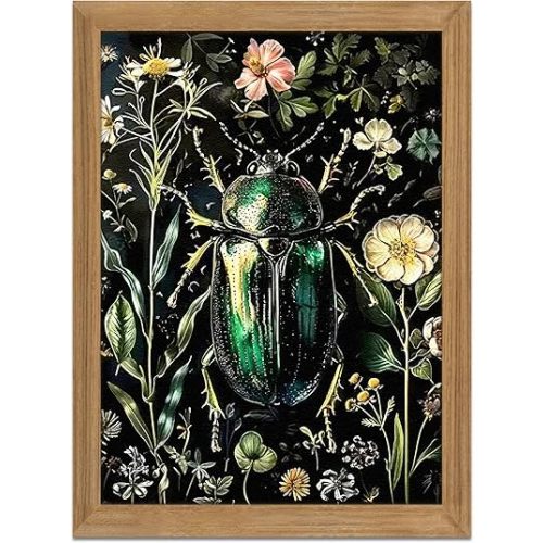 Framed Vintage 3D Textured Wall Art - Gothic Dark College Beetle Wall Decor - Hand Drawn Sandstone Nature Botanical Pictures for Living Room Bedroom Home Decor 12x16in