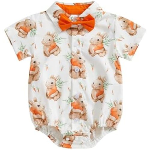 Newborn Baby Boy Easter Clothes Print Short Sleeve Romper Shirt Button Down Lapel Bodysuit Jumpsuit Summer Outfit