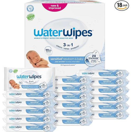 WaterWipes Sensitive+ Newborn & Baby Wipes, 3-In-1 Cleans, Cares, Protects, 99.9% Water, Unscented & Hypoallergenic, 1080 Count (18 Packs)