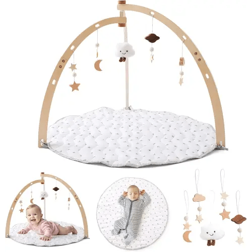 Wooden Baby Play Gym with Play Mat,Foldable Activity Center for Toddler with 5 Hanging Sensory Toys,Infant Babies Play Gym with White Playmat for Newborn Baby Girls and Boys