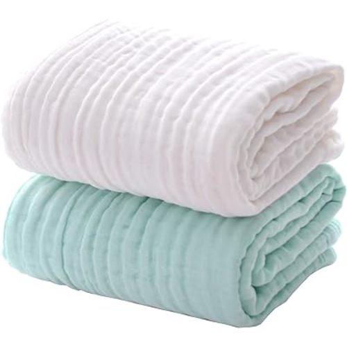 MUKIN Baby Bath Towels, Super Soft Cotton Receiving Blanket for Baby's Delicate Skin,2Pack Swaddle Blanket for Newborns Toddlers Boy Girl,Baby Registry as Shower (White+Green)