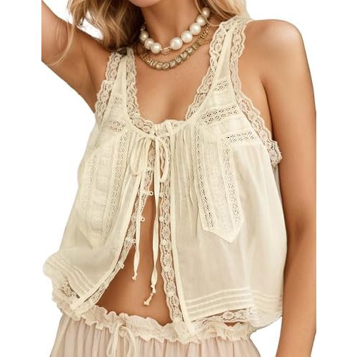 Womens Summer Boho Lace Tie Front Relaxed Fit Thin Sheer Tank Flowy Vest Tops Button Down Sleeveless Y2K Clothes