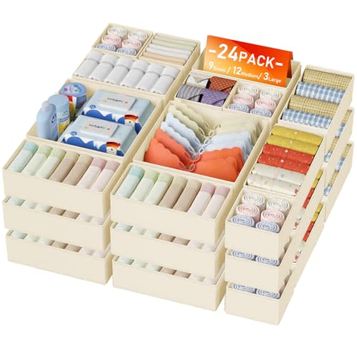 DIMJ Drawer Organizer Clothes 24 Pack - Foldable Baby Organizers and Storage & Dresser Organizer for Bedroom, Closet - Nursery Organization Dresser Dividers for underwear, Sock,Bra, Belt, Tie, Beige