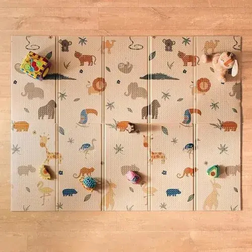 Nuby Reversible Baby Floor Mat, 77" x 58" - Foldable and Lightweight Baby Play Mat for Floor - Easy Storage and Travel - Safari