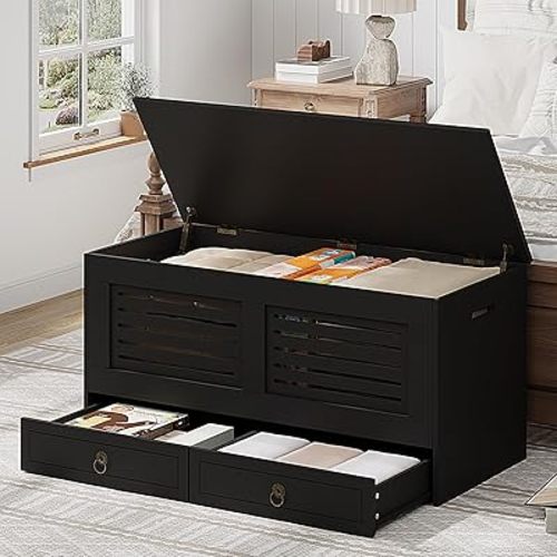 ChooChoo Storage Chest, 39.3" Storage Bench with Drawer, Wooden Entryway Bench with Safety Hinges, Shoe Bench, for Entryway, Bedroom, Living Room, Black