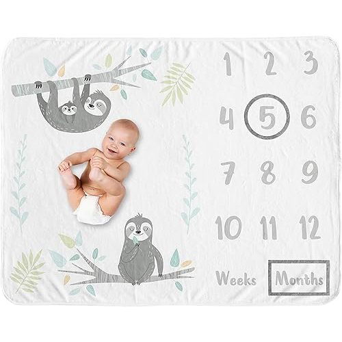 Sweet Jojo Designs Blue Jungle Sloth Boy Girl Milestone Blanket Monthly Newborn First Year Growth Mat Baby Shower Memory Keepsake Gift Picture - Aqua Turquoise Grey Green Tropical Botanical Rainforest