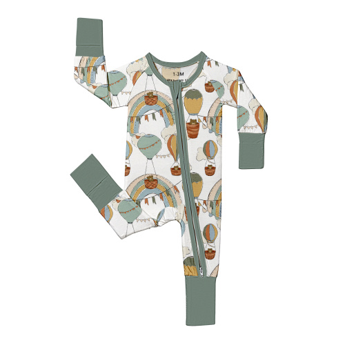3-6 mth Soft Bamboo Fiber Baby Sleeper with Bear Riding Hot Air Balloon & Rainbow Print - Double-Sided Zipper, Matching Pants, Snug Fit All-Season Infant Romper - Machine Washable Green & White Outfit for Outdoor & Casual Attire, Comfortable Clothing, Pla