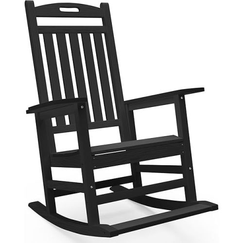 Outdoor Rocking Chair, HDPE Patio Rocking Chairs with Footboard, All Weather Porch Rockers Outdoor for Adult, Effortless Installation, Black