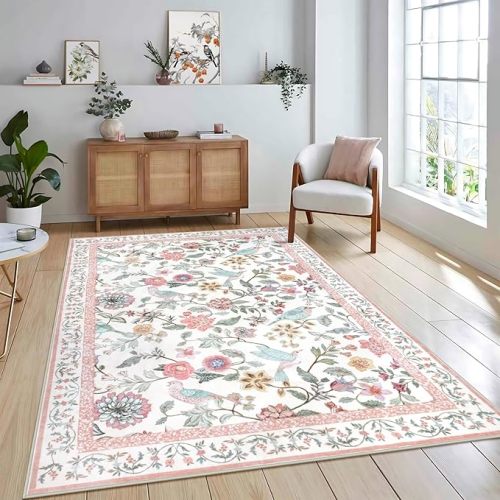 Floral Washable 5x7 Area Rug, Soft Non-Slip Pink Rugs for Girls Bedroom Low Pile Flower Birds Living Room Rug, Non-Shedding Botanical Indoor Carpet for Nursery Playroom Dining Room