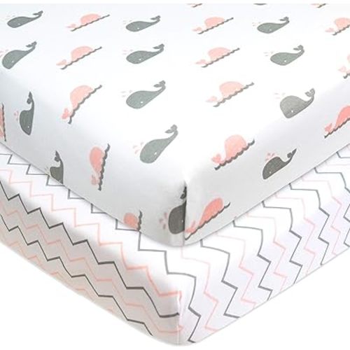 American Baby Company 2 Pack Fitted Pack N Play Playard Sheet 27" x 39", Soft Breathable Neutral 100% Cotton Jersey Pack and Play Sheet, Pink Whale/Zigzag, for Boys and Girls, Fits Most Mini Crib