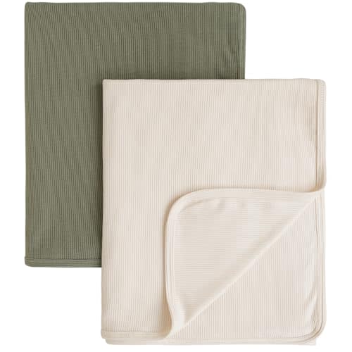Konssy Knit Baby Blanket 2 Pack, Soft Ribbed Swaddle Receiving Blankets for Boys & Girls, Lightweight Cozy Swaddling Wrap for Newborns, Infants, & Toddlers, 33x42 Inch (Beige, Sage)
