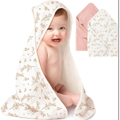 Konssy 2-Pack Muslin Hooded Baby Towels, 100% Cotton, Ultra-Soft & Absorbent Baby Bath Towels with Hood for Newborn & Infant (Pink, Floral,30" x 30")