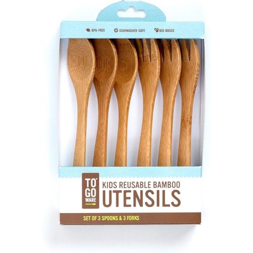 Kid's Bamboo Reusable Utensils | Dishwasher-Safe | No BPA or Phthalate | Made from Durable, Sustainable Materials | Eco-Conscious | 3 Spoons, 3 Forks (Pack of 6)