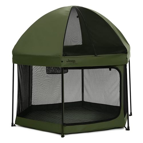 Jeep Hexagon Pop Up Play Yard with Removable Canopy | Ideal for Indoor and Outdoor Use, Olive Green