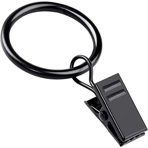Teenitor 20 Pack Black Curtain Rings with Clips, Curtain Hooks Curtain Clips with Rings, Drapes Rings 1 Inch in Diameter, Fits up to 5/8" Curtain Rod