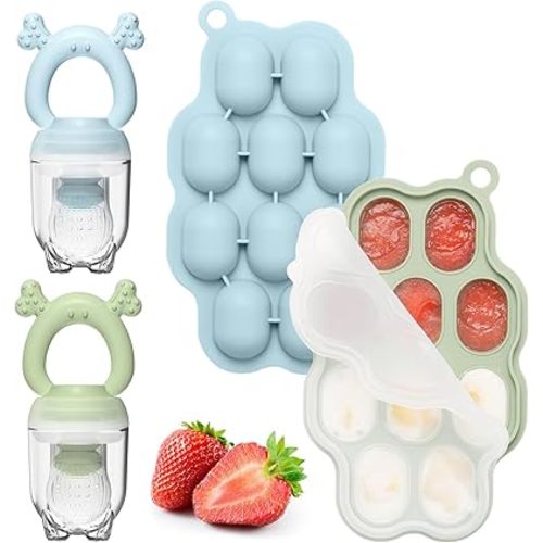 Ninecessary Food Freezer Tray & Fruit Feeder Combo (2 Pack), Breastmilk Popsicle Molds for Cooling Relief, BPA Free Silicone Teether for Babies 4 Month+ - Blue/Green