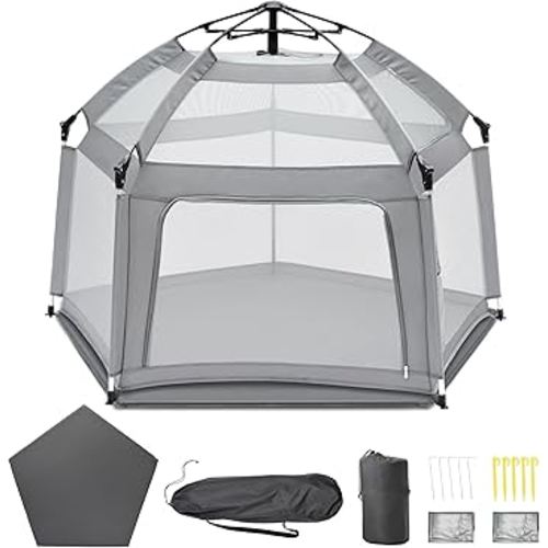 Portable Baby Playpen with Inflatable Mattress & Sunshade,Outdoor Baby Playpen for Babies and Toddlers,Foldable Pop Up Play Tent for Home, Park, Beach and Camping,Beach playpen-Light Gray
