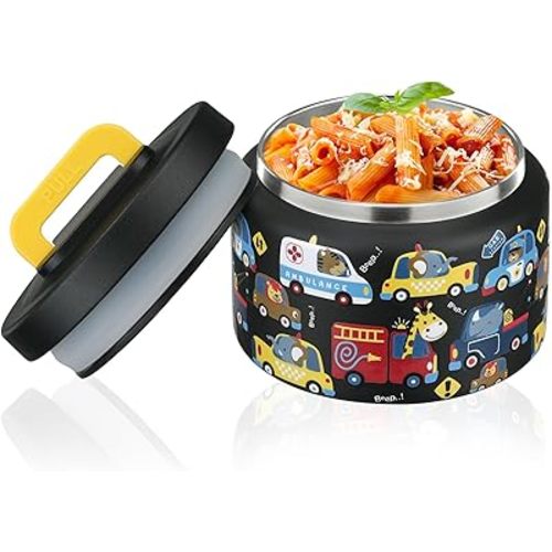 8oz Kids Thermo for Hot Food,Small Lunch Thermos Food Container Stainless Steel,Easy Open Wide Mouth Thermo for Hot Cold Food for Preschool Travel (Black Animal Truck)