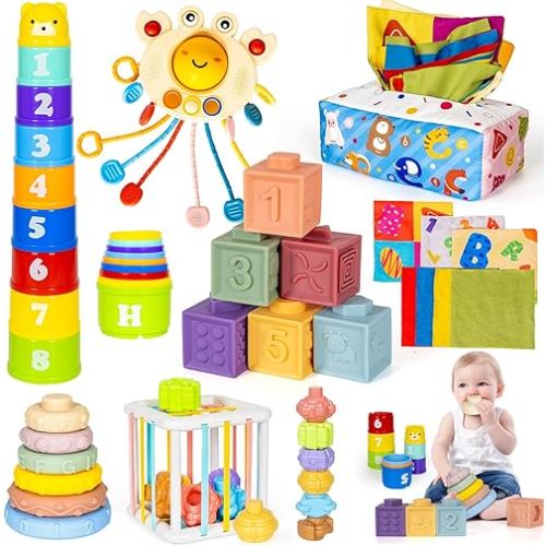 6 in 1 Montessori Toys for Babies 6–12 Months Stacking Block Soft Infant Ring Shape Learning Sensory Bin Pull String Teething Toy Tissue Box for Toddlers 1 2 3 Year Old Boy Girl Gift