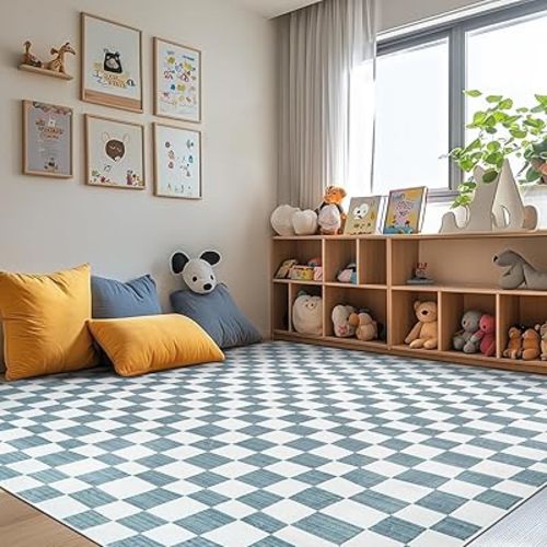 jinchan 8x10 Checkered Area Rugs for Kids Room - Machine Washable Soft Rug Modern Geometric Lattice Non-Slip Carpet for Nursery Playroom Living Room Bedroom Dining Room Home Office Blue&Grey