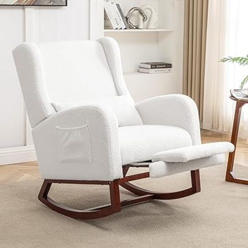 HCHAIRH Rocking Chair Nursery with Foot Rest, Wingback Nursery Rocking Chairs Sherpa Nursing Chairs Glider Rocker with Pillow for Living Room, Bedroom, Teddy White