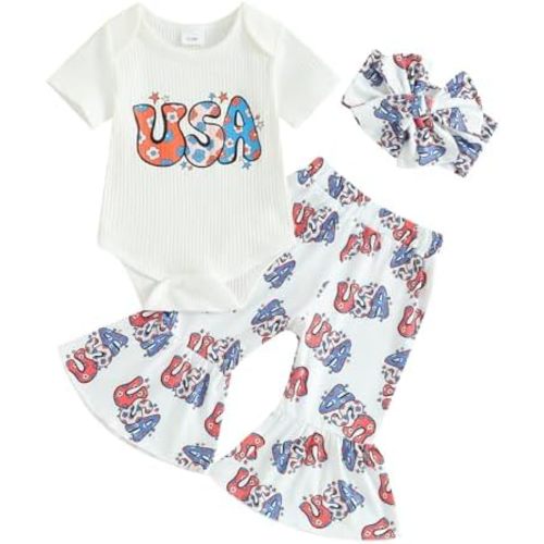 4th Of July Newborn Girl Outfits American Babe Short Sleeve Onesie Bell Bottoms Set Memorial Day Outfit Baby Girl