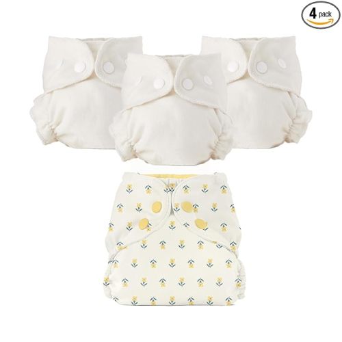 Esembly Cloth Diaper Bundle Set - 3 Organic Cotton Absorbent Inners and 1 Waterproof Outer Diaper Cover - Reusable, Washable, Snap Closure Cloth Diapers - Size 2 (18-35lbs), Buds