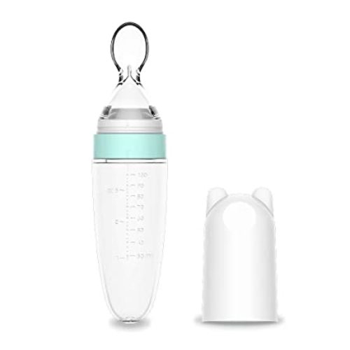 Burabi Silicone Squeeze Feeding Spoon, Baby Food Dispensing Spoon With Dust Cover, BPA Free - Green